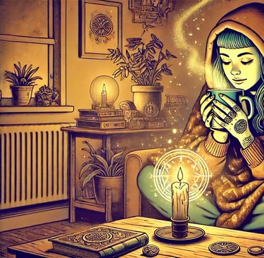 a woman sitting on a couch with a skull head and a skull head