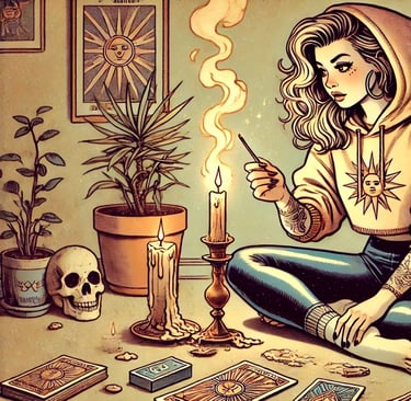 a woman sitting on a table with a candle and a candle