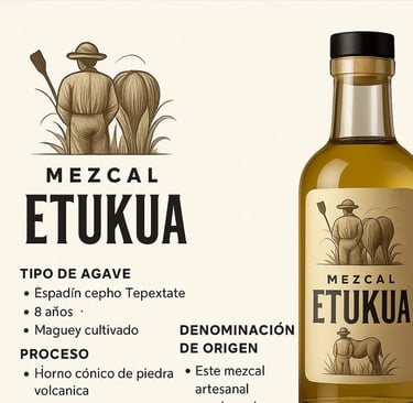  Ficha técnica completa de mezcal artesanal mostrando tipo de agave, proceso y denominación de orige