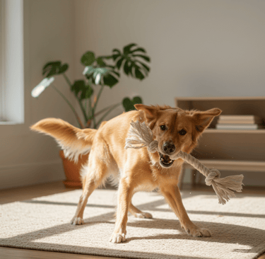 Dog playing with organic cotton toy