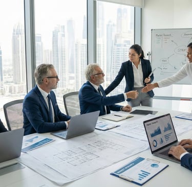 Team of senior consultants collaborating on a strategic blueprint in a modern UAE office 