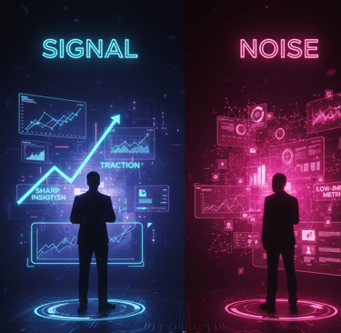 Split-screen showing the difference between strong startup signals and useless noise in a pitch deck