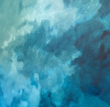 Abstract deep teal blue atmospheric mural with soft cloud-like movement; vokes the feeling of thought unfolding underwater