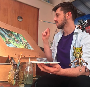 Handsome gay artist with a paintbrush in his mouth painting a fantasy art picture