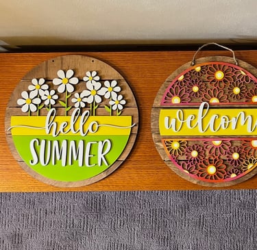 laser cut and colorfully painted wooden door or wall hangers