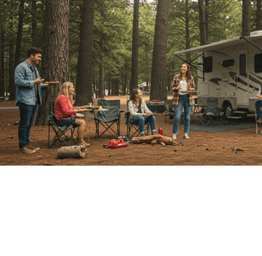 a group of people sitting around a campervan