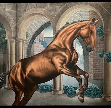 An oil painting of a horse in a courtyard with brick arches in the background