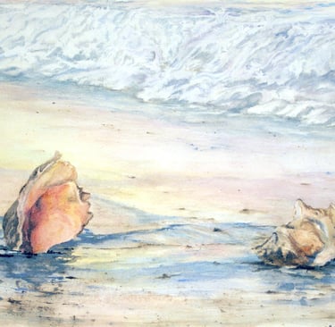 a painting of shells washed up on a beach
