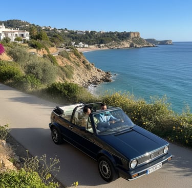 Volkswagen Golf Cabrio azul en carretera costera, coche clásico de alquiler para bodas y eventos en España.