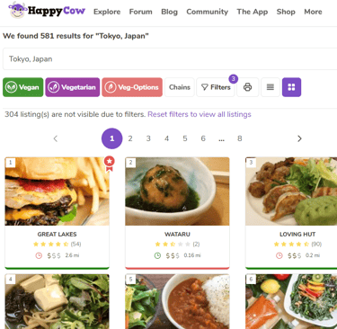 screenshot from restaurant search website