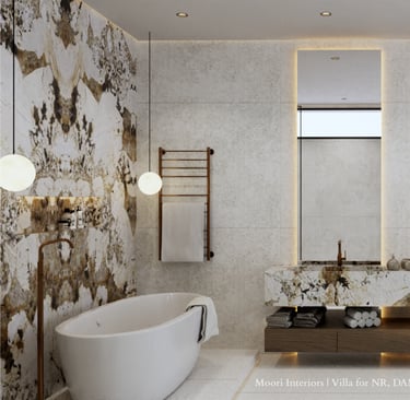 Modern bathroom with double marble vanities, illuminated mirrors, a tub and a heated towel rack