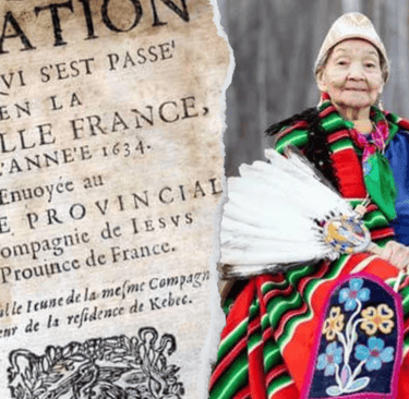 a woman in a colorful dress surrounded by an old manuscript and a bilingual stop sign