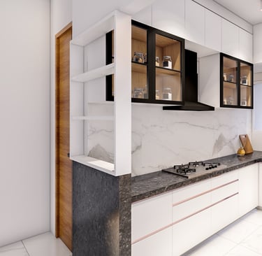 White kitchen interior design with storage area and chimney