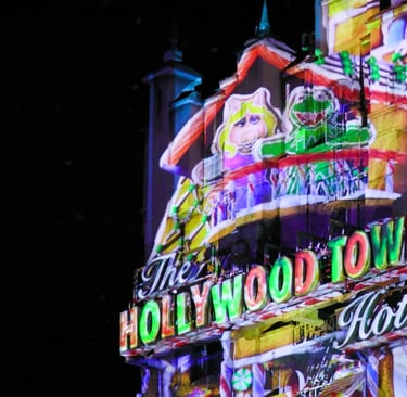 Sunset Seasons Greetings (Hollywood Studios) - Hollywood Tower Tower Hotel with Muppets Holiday overlay