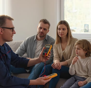 Szakértő villanyszerelő konzultál egy családdal otthonukban