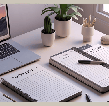 A tidy workspace with a laptop, to-do lists, and writing materials—a symbol of structure, time management, and helpful tools 