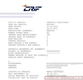 Italian CRIF credit report document showing loan status details and payment history.