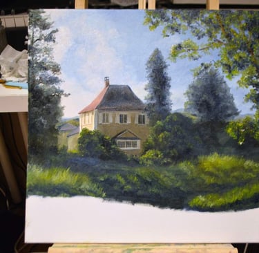 a painting of a house in a field