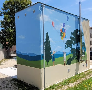 Fresque peinte sur façades. Un paysage simplifié en arrière plan, un muret en trompe-l'oeil.