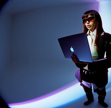 a woman in a suit and sunglasses holding a laptop