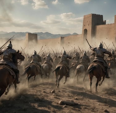 The Mongols using siege warfare tactics