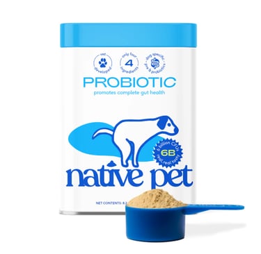 Native Pet Probiotic Powder for dogs on a white background, clean label supplement.