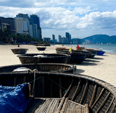 Traditional basket boats on My Khe Beach, Da Nang, Vietnam