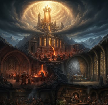 A cutaway illustration of the dwarven city, Hammerdeep, showing its many levels. At the top, the Sun