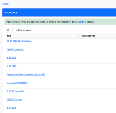Screenshot of Inspections view on OSHAlytics safety inspection application