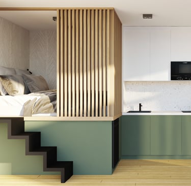 A small apartment design that includes a bed, kitchen, and stairs, emphasizing functionality in limi