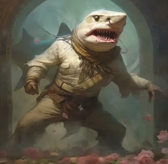 AI generated image of a shark dressed like Indian Jones while searching a ruin