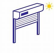 Illustration d'un volet roulant solaire bleu avec symbole de soleil, modèle motorisé Isovergne