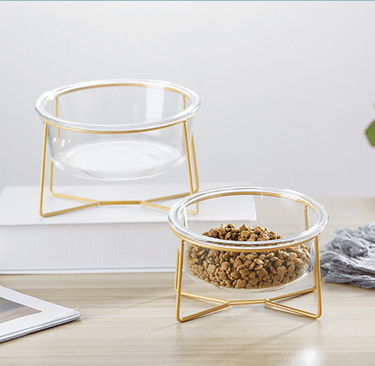 Elevated pet feeder with two glass bowls and iron stand, non-toxic and dishwasher safe