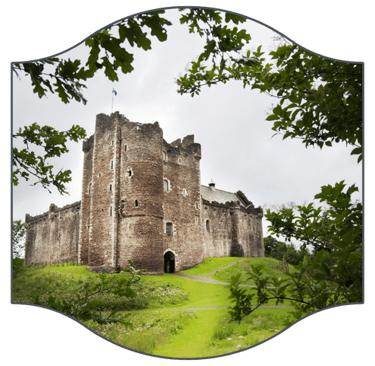 Doune Castle in the middle of the picture with leaves around the border