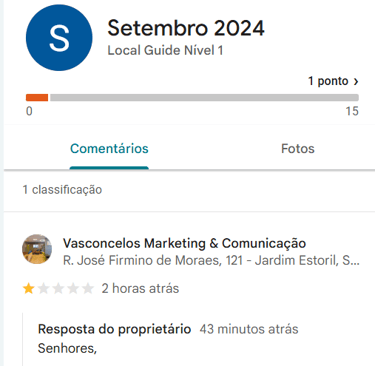 Imagem de um review na plataforma Google Perfil da Empresa