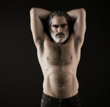 AI generated image of actor Joaquin Phoenix as an overweight, shirtless character with a long grey beard