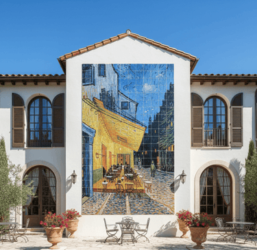 Mural de azulejos que trata sobre la terraza de un cafe