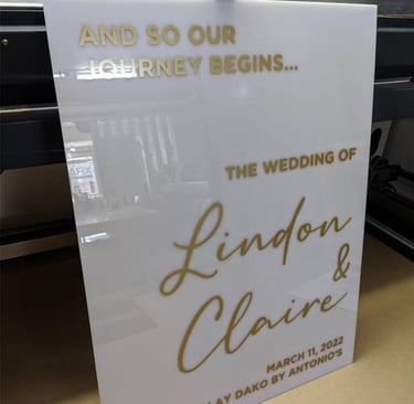Custom White Acrylic Wedding Sign with Gold Lettering - Lindon & Claire
