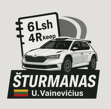 logo of the company - a rally car with a rally pacenote book and below a word Šturmanas and surname