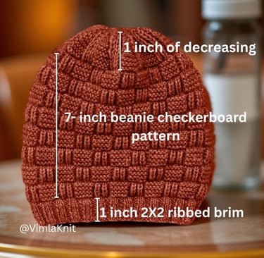 Vimlaknit checkerboard beanie measurement: 7-inch length, 1-inch ribbed brim, 1-inch crown decrease.