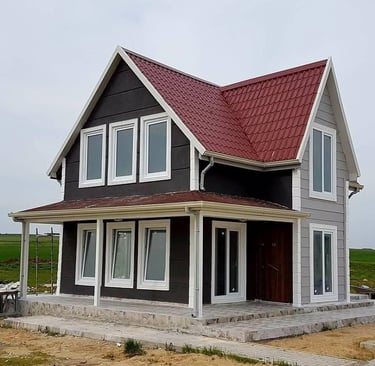 a house with a red roof and a red roof