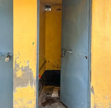 Small yellow toilet in block with blue door ajar.