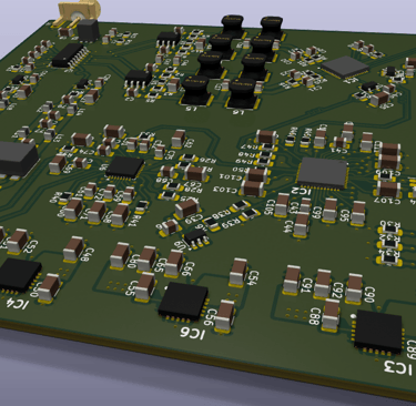 A green printed circuit board featuring surface-mount components, IC chips, and electrical resistors.