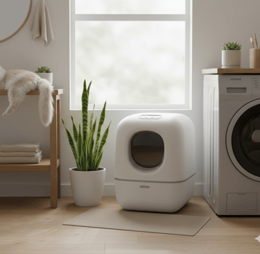 White self-cleaning litter box in a bright laundry room with a cat.