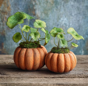 two small pumpkins with plants growing in them