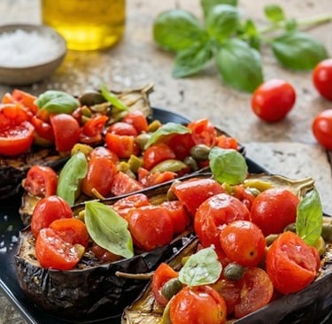Eggplant bruschetta - Mediterranean bruschetta with tomatoes and olives