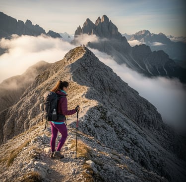 a woman with backpack on a mountain trekking and hiking experience
