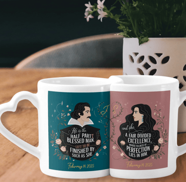 Romantic heart-handle mug set featuring Shakespearean quotes with elegant illustrations and personal