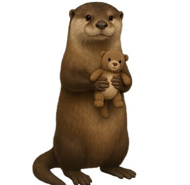 Otter holding a baby teddy bear.