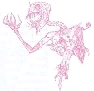 A drawing of a monster. horror creature are. Teeth, bones, claws, gore.